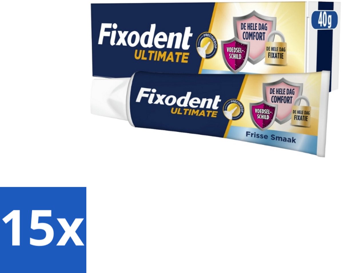 15 x Fixodent – Kleefpasta – Ultimate Fresh – 40 g - Kleefpasta Kunstgebit - Kunstgebit Fixatie - Voedselresten Voorkomen - Frisse Muntsmaak - Precisiepunt Mondstuk