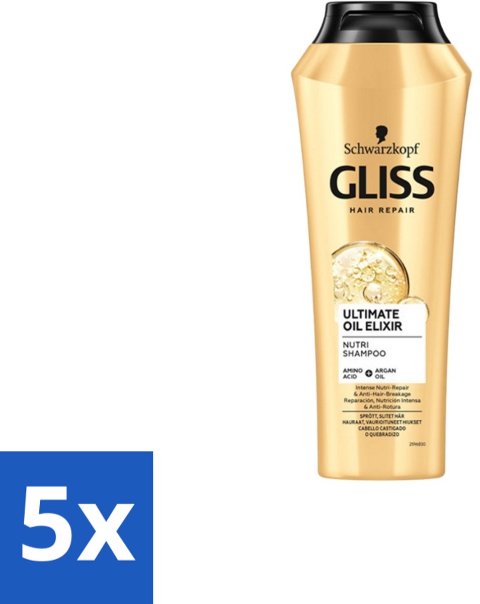 5 x Gliss Kur – Shampoo – Ultimate Oil Elixir – 250 ml - Droog Haar - Beschadigd Haar - Haar Herstel - Haar Voeding - Haar Glans