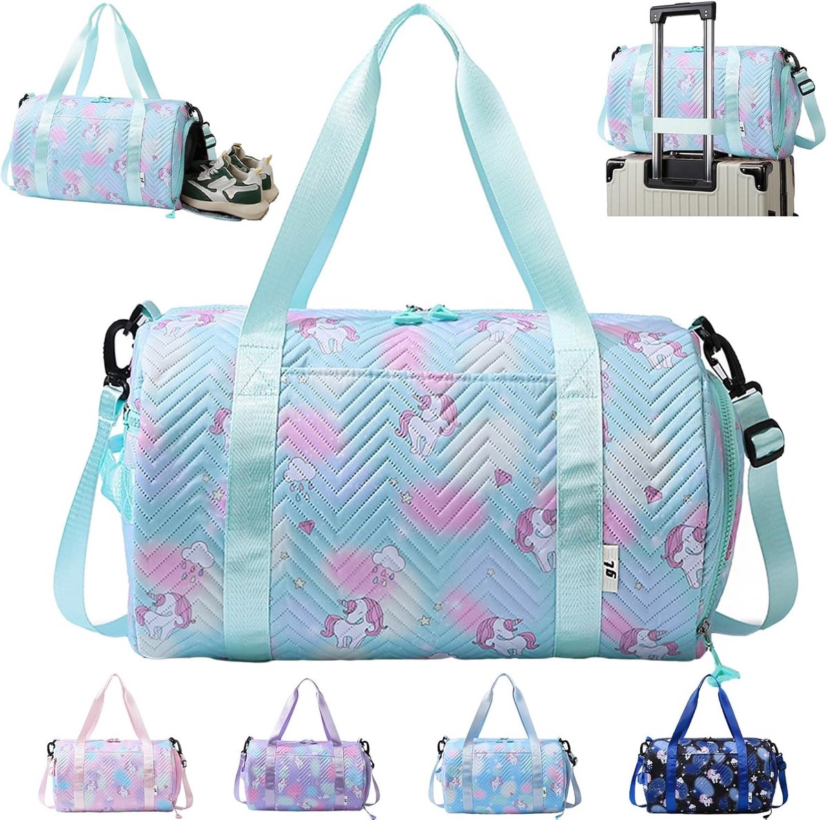 Reis- en Sporttas voor Meisjes, 25 Liter, Waterdichte Unicorn Weekender Tas met Compartiment voor Schoenen en Vochtige Kleding