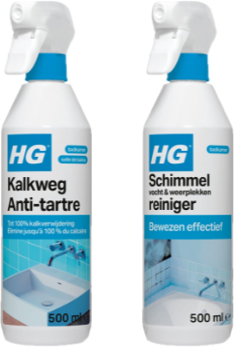 HG Badkamer Reinigingsset – Kalkweg + Schimmelreiniger – 2x 500 ml – Tegen Kalk & Schimmel