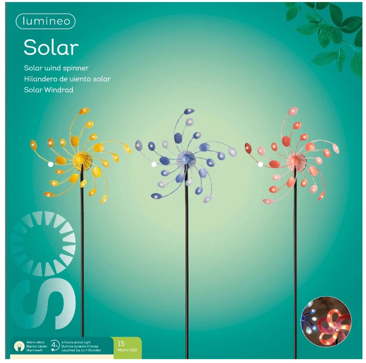 Lumineo Solar Wind Spinner – Tuindecoratie met 15 Micro-LED – Warm Wit Licht – Solar Tuinprikker – Assorti Kleuren