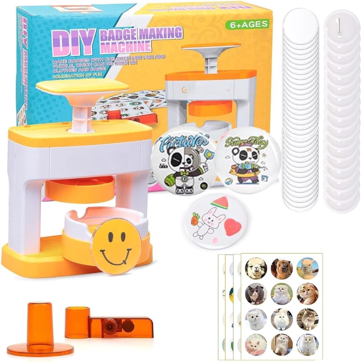 Klarven® Badge maker Geel - Eenvoudig DIY set voor feesten en cadeaus - Compleet met 48 onderdelen en cirkel snijders - 55mm