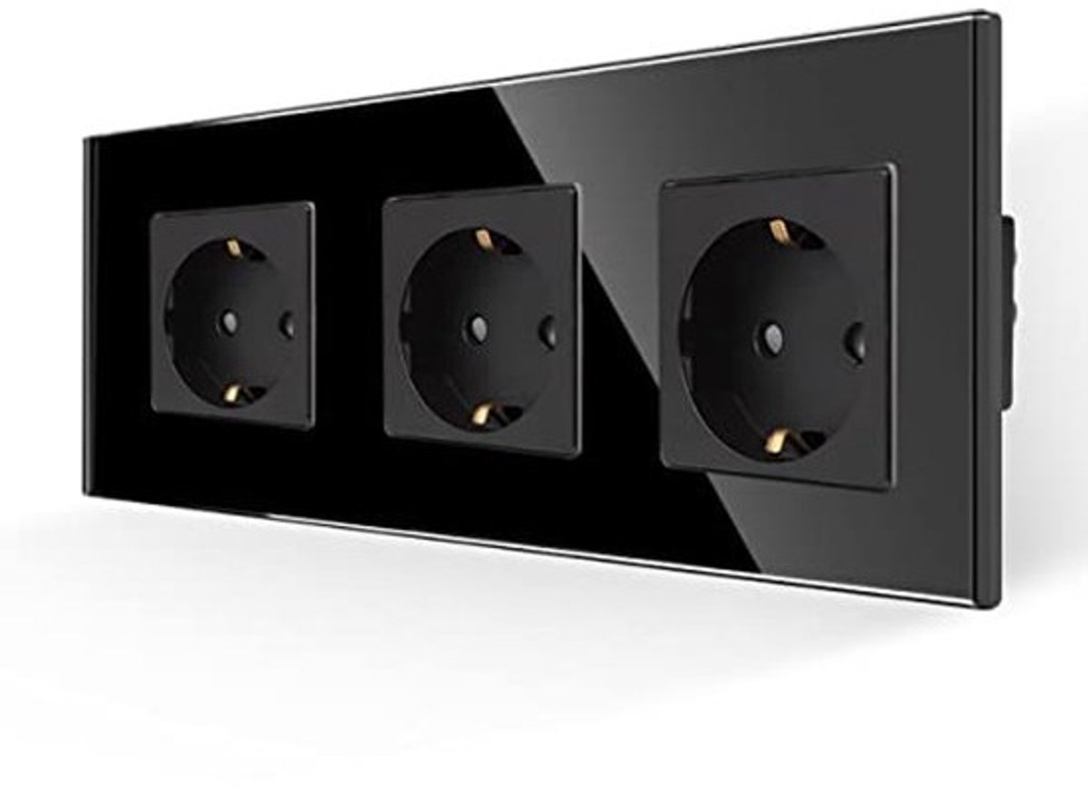 Drievoudig Stopcontact Zwart met Schuko Aansluiting - 16Amp Geaard Inbouw Stopcontact