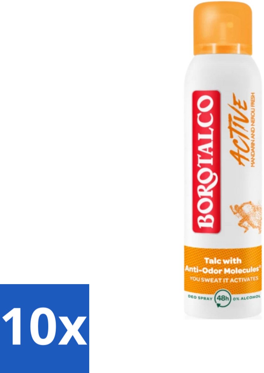10 x Borotalco - Deodorant Spray - Active - Mandarin & Neroli Fresh - 0% Alcohol - 150 ml - Deodorant Spray - Mandarijn En Neroli - Geur - Transpiratie - Geurvervoeging