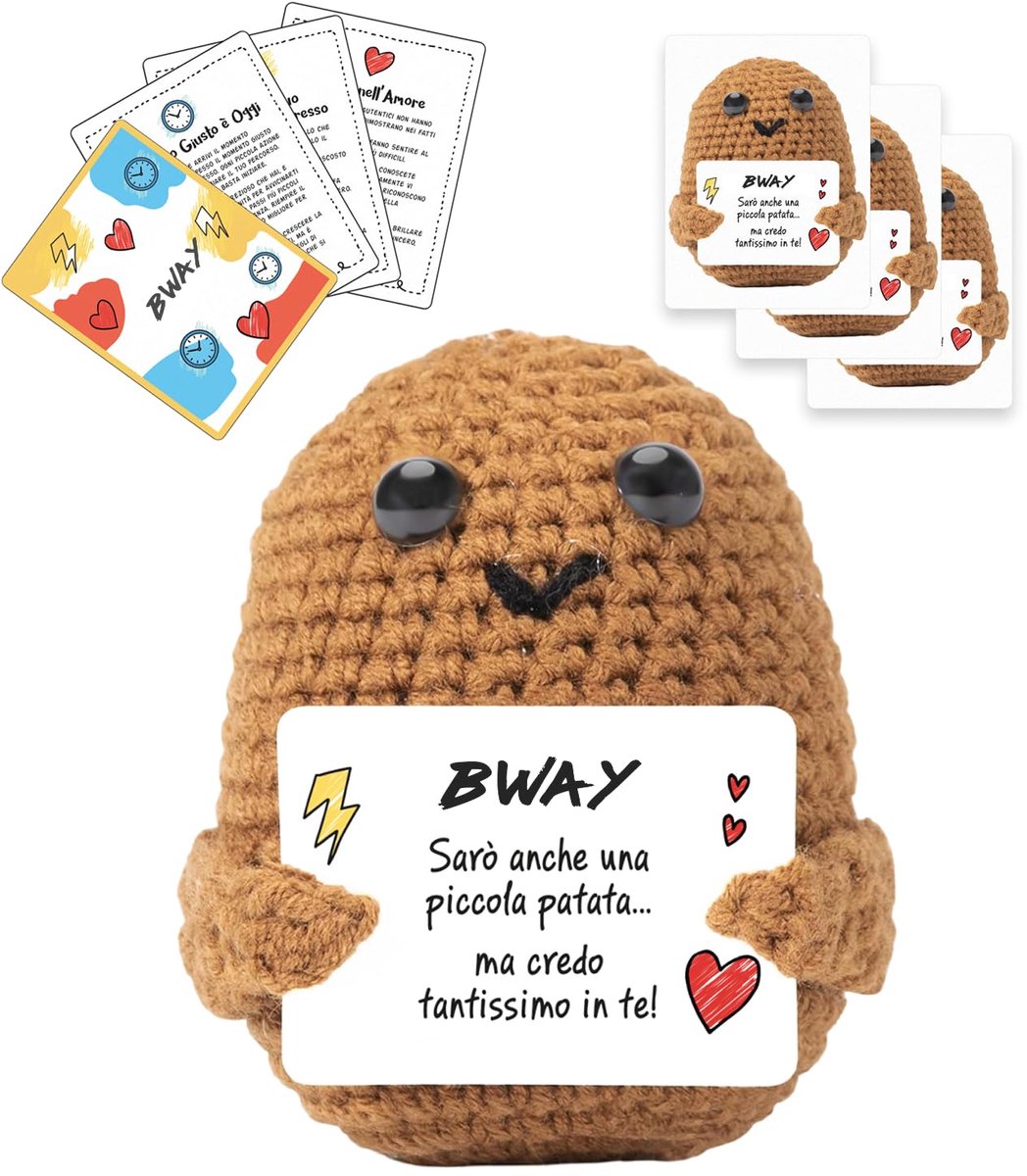 BWAY Positieve Italiaanse aardappel met 3 motivatiekaarten en 3 stickers met gelukspop, cadeau voor vrouw, verjaardag - ShopVlot