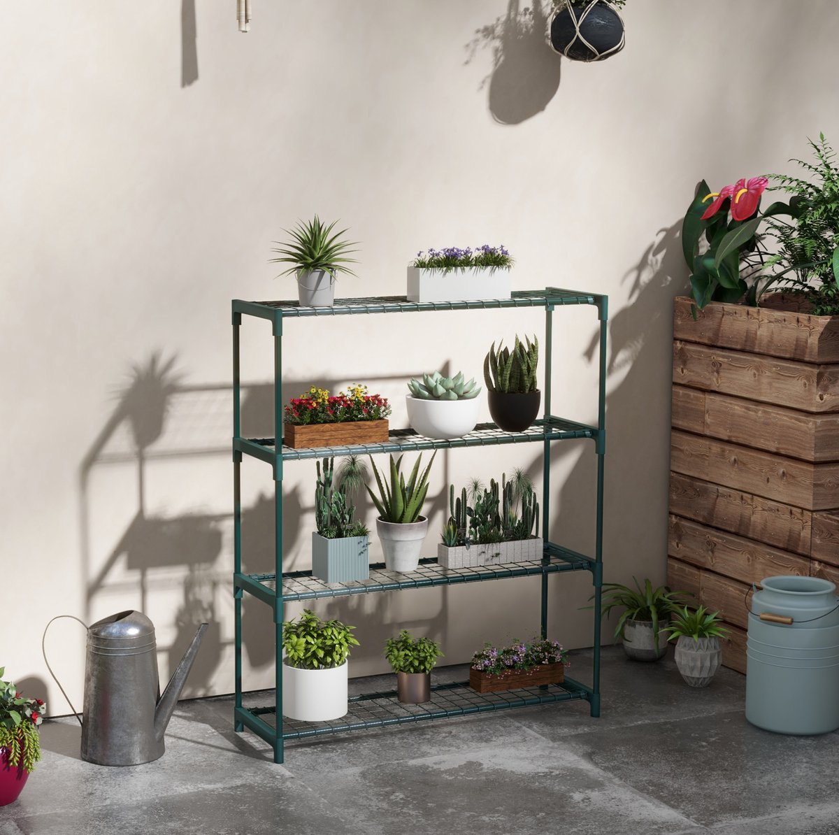 REDOM - Plantenrek - Vier niveaus - Open constructie - Voor binnen en buiten - Staal - Donkergroen - 89 x 28 x 107 cm
