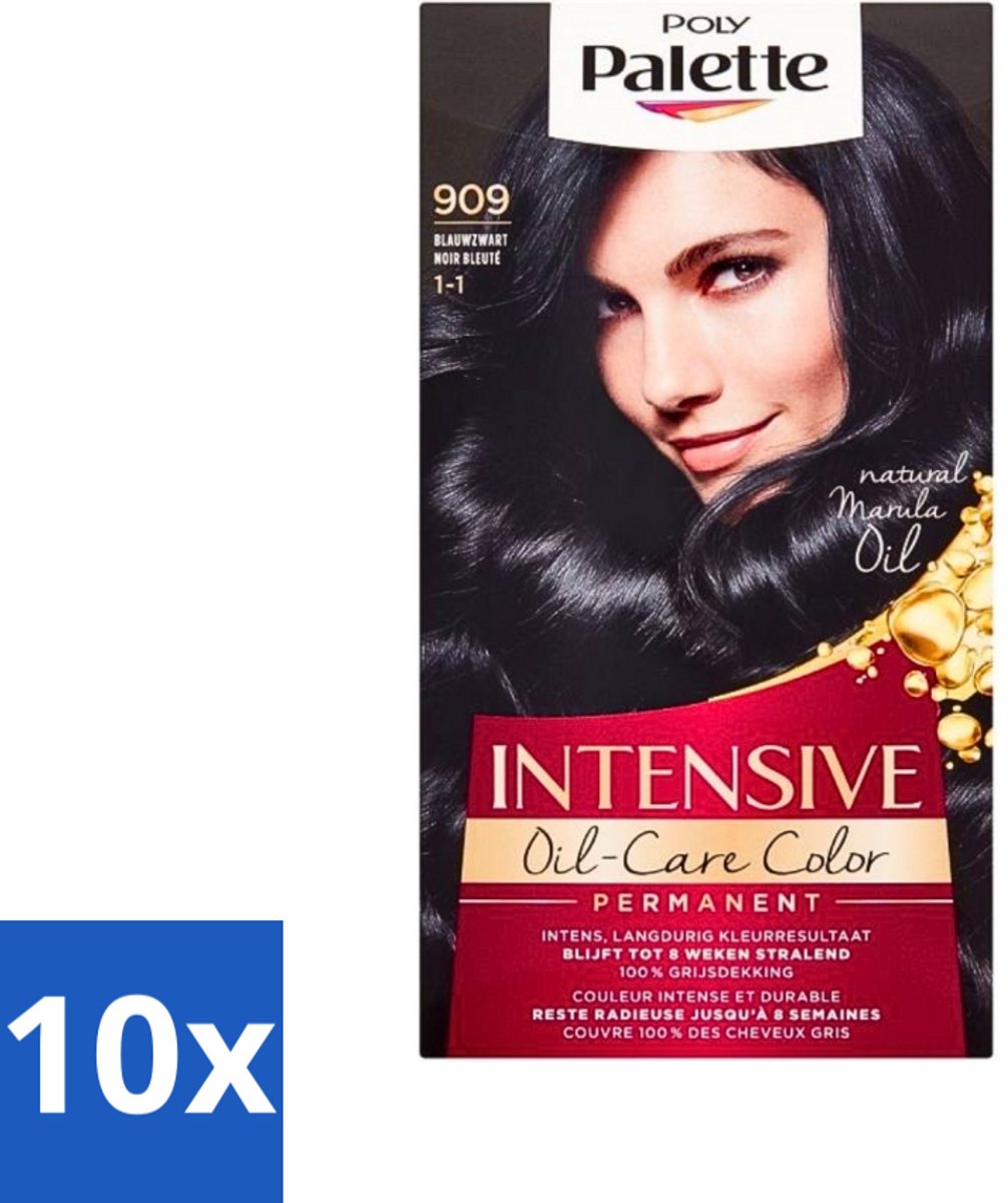 10 x Poly Palette - Haarverf - Blauw Zwart 909 - 115ml - Haarverf - Blauw Zwart - Haarkleur - Langdurige Kleur - Grijsdekking