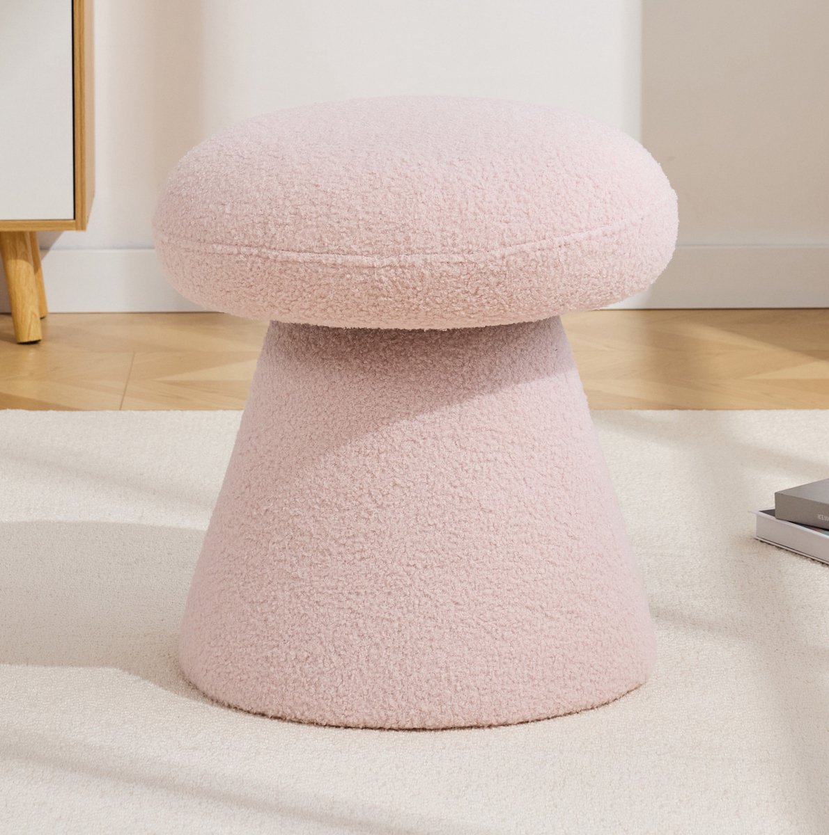 COVREO Poef 41x41x44 cm roze pluche stof - draaibaar 360 graden - zacht zitcomfort - voor binnen