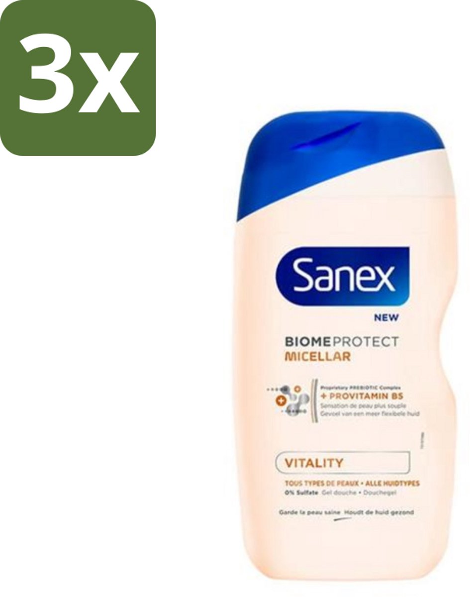 3 x Sanex - BiomeProtect Micellair - Douchegel - Vitaliteit - 0% Sulfaat - Alle Huidtypes - 400 ml - Huid Reinigen - Micellaire Douchegel - 0% Sulfaten - Huidbarrière - Huid Vitaliteit