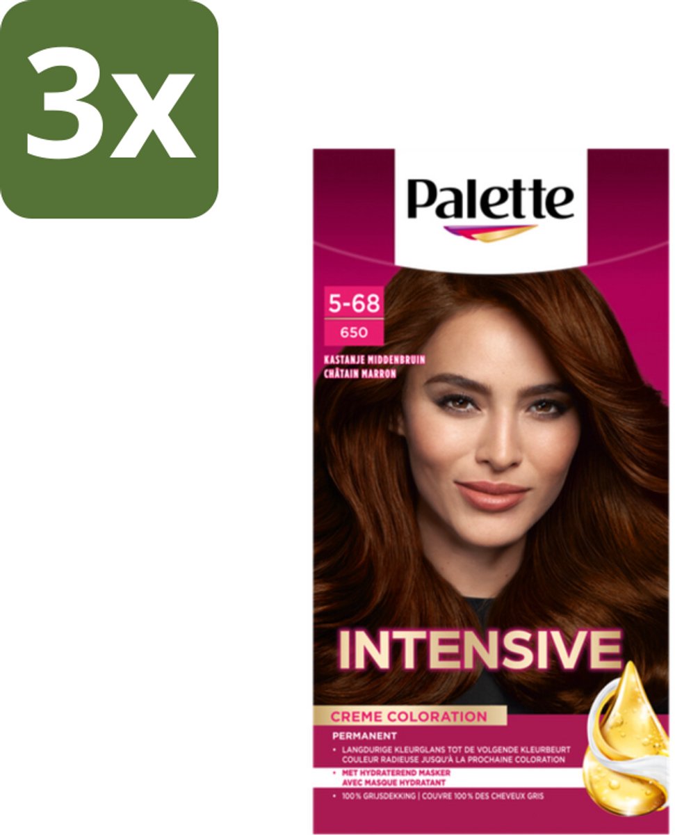 3 x Palette Intensive Oil-Care Color Haarkleuring 650 Kastanje Middenbruin - Haarverf - Kastanje - Middenbruin - Arganolie - Haarverf Kastanje