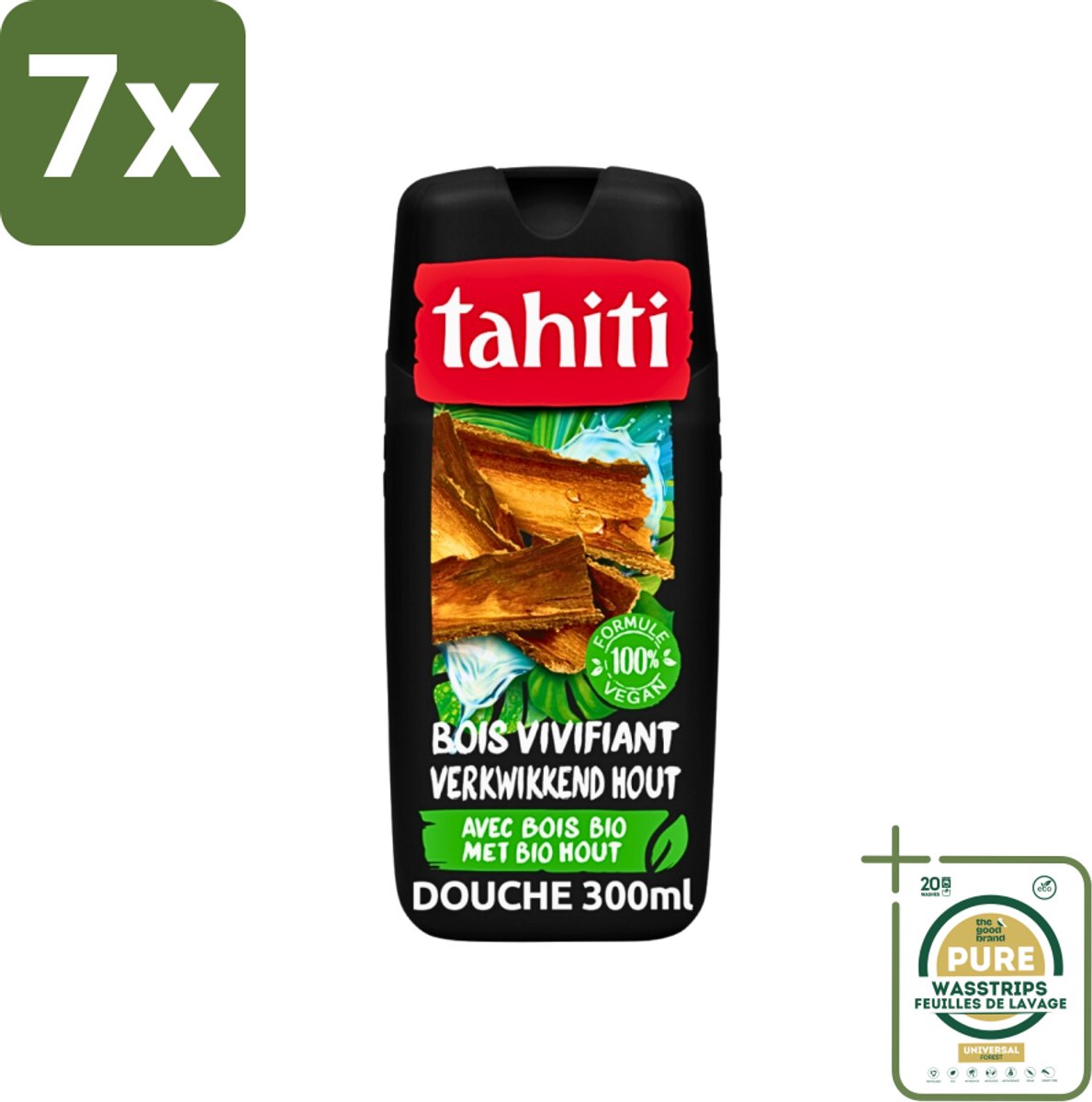 7 x Tahiti - Douchegel - Verkwikkend Bio Hout - 100% Vegan - 300 ml - Grootverpakking - Douchegel - Houtgeur - Verkwikkend - Huid Verzorgen - Huid Verzachten