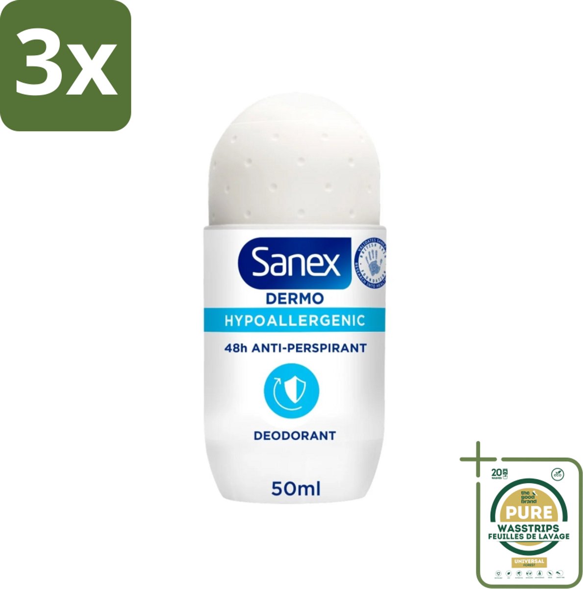3 x Sanex Dermo - Deodorant Roller - Hypoallergeen - 48h Anti-Transpirant - 50 ml - Grootverpakking - Deodorant Roller - Hypoallergeen Deodorant - 48h Bescherming - Transpiratie Bescherming - Lichaamsgeur Bestrijding