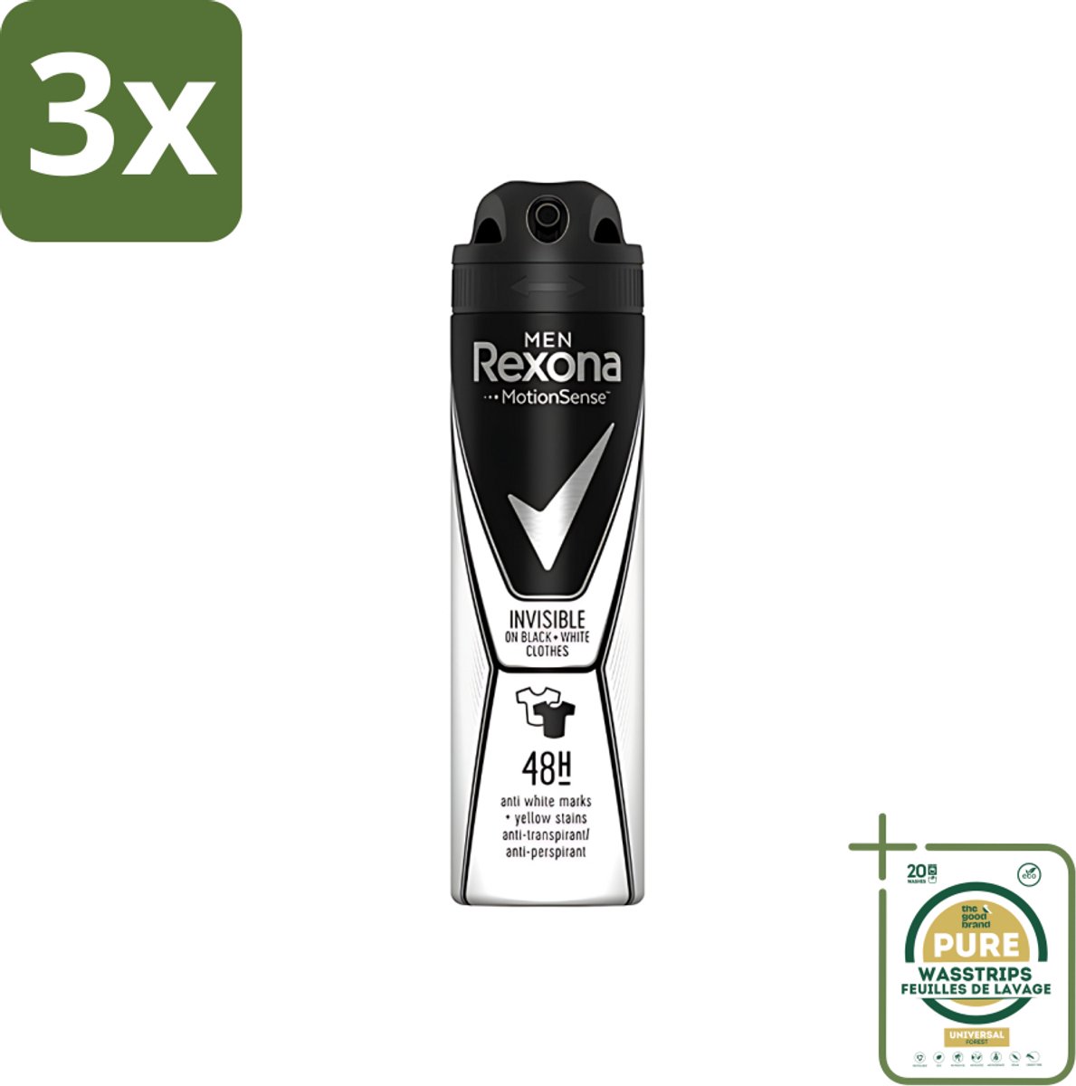 3 x Rexona Men - Deodorant Spray - Motion Sense - Invisible Black & White - Anti-Transpirant & Perspirant - 150ml - Grootverpakking - Deodorant Spray - Anti-transpirant - Witte Strepen - Gele Vlekken - Beschermd Tegen Transpiratie