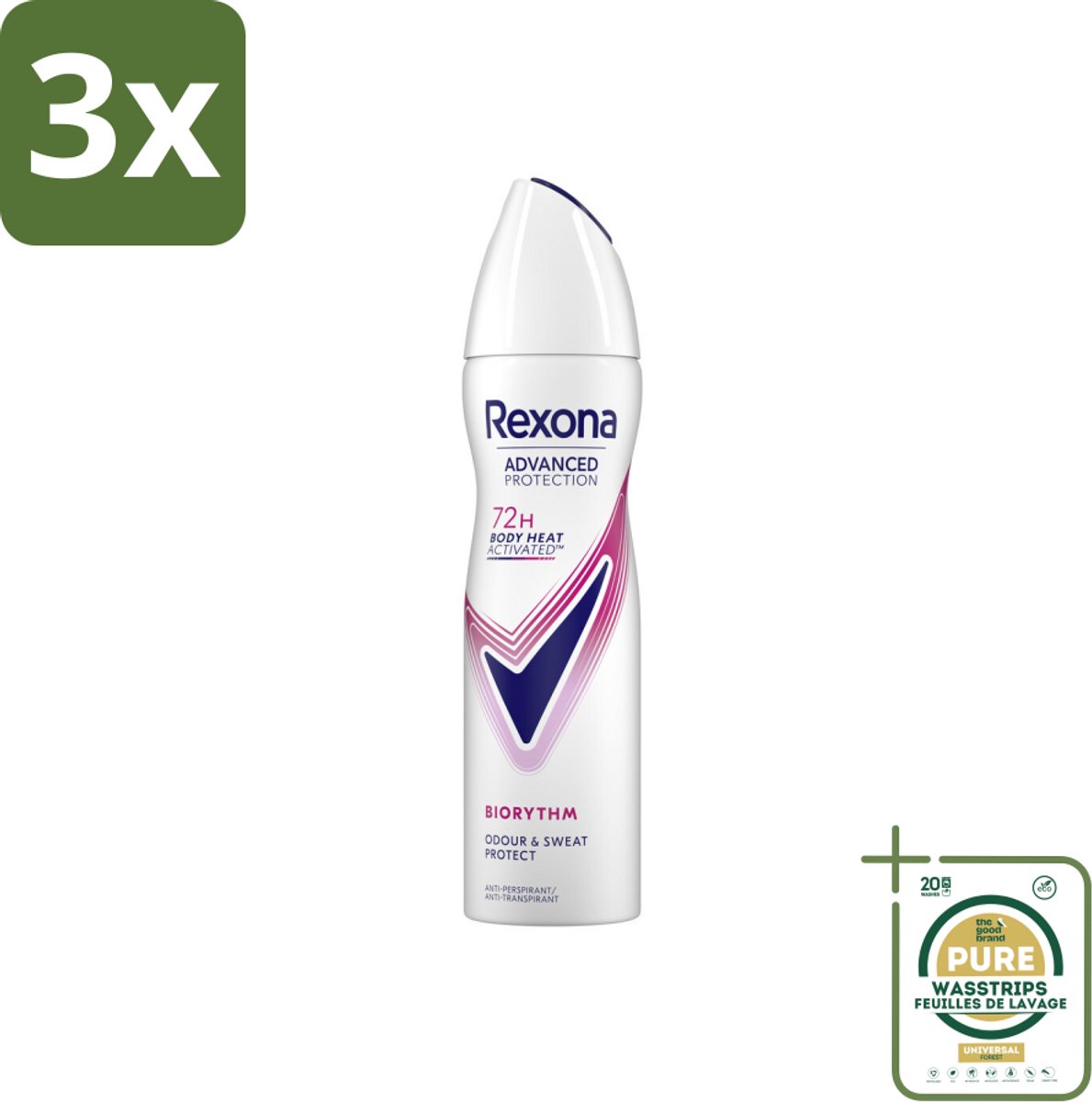 3 x Rexona - Deodorant Spray - Advanced Protection - Biorythm - Anti-Transpirant & Perspirant - 150ml - Grootverpakking - Anti-transpirant - Zweetbehandeling - Deodorant Spray - 72 Uur Bescherming - Frisheid