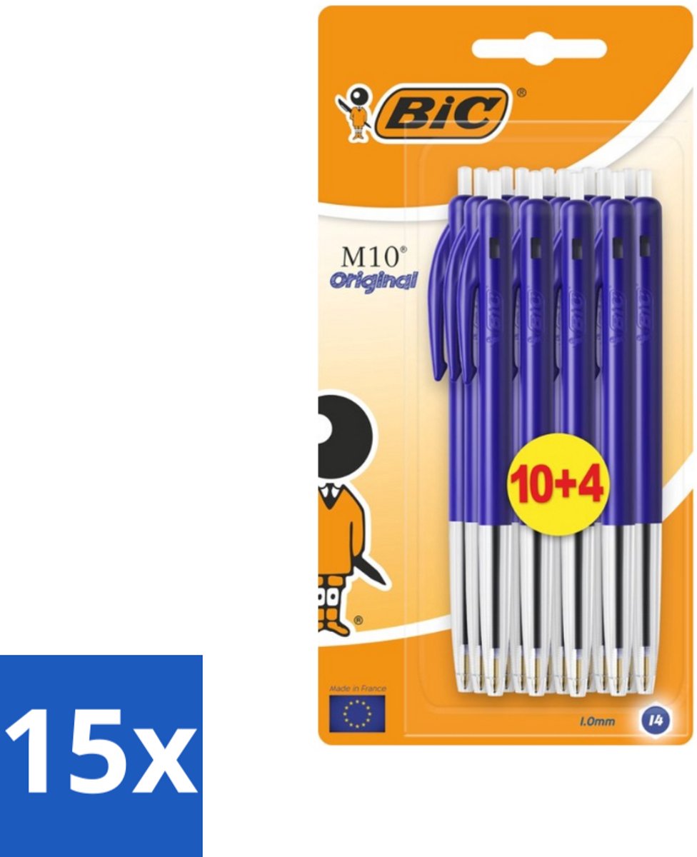 15 x BIC - M10 Original - Balpennen met Kliksysteem - Blauw - 1 mm Punt - 14 Pennen - Balpen - Schrijfset - Balpen Set - BIC M10 - Balpen Blauw
