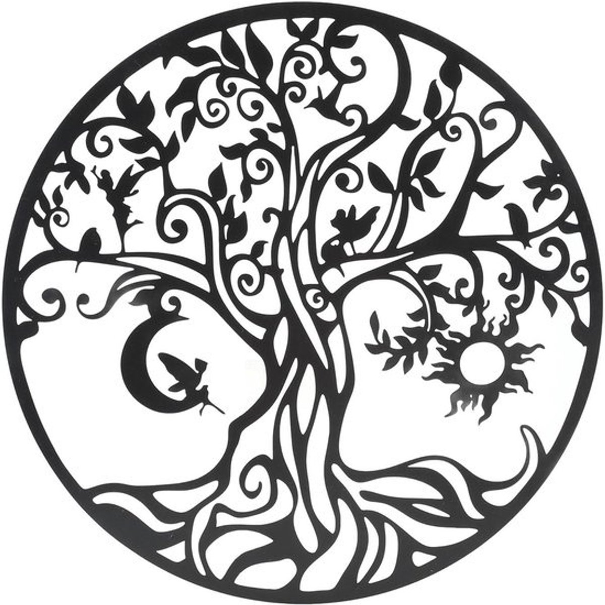 Ronde Metalen Wanddecoratie van de Boom des Levens voor Woonkamer, Slaapkamer en Buitenruimte, Zwart Decoratieve Schijf