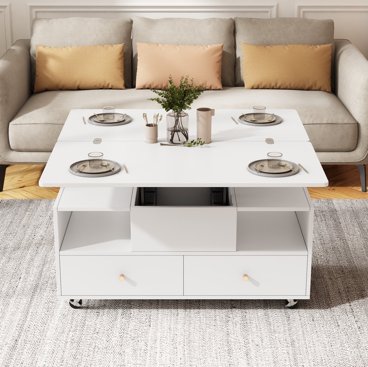 Wishdor Salontafel - Verstelbaar en opklapbaar - Hydraulisch met 4 lades en wieltjes - Modern - Woonkamer eetkamer kantoor - MDF - Wit - 100 x 50 x 62 cm