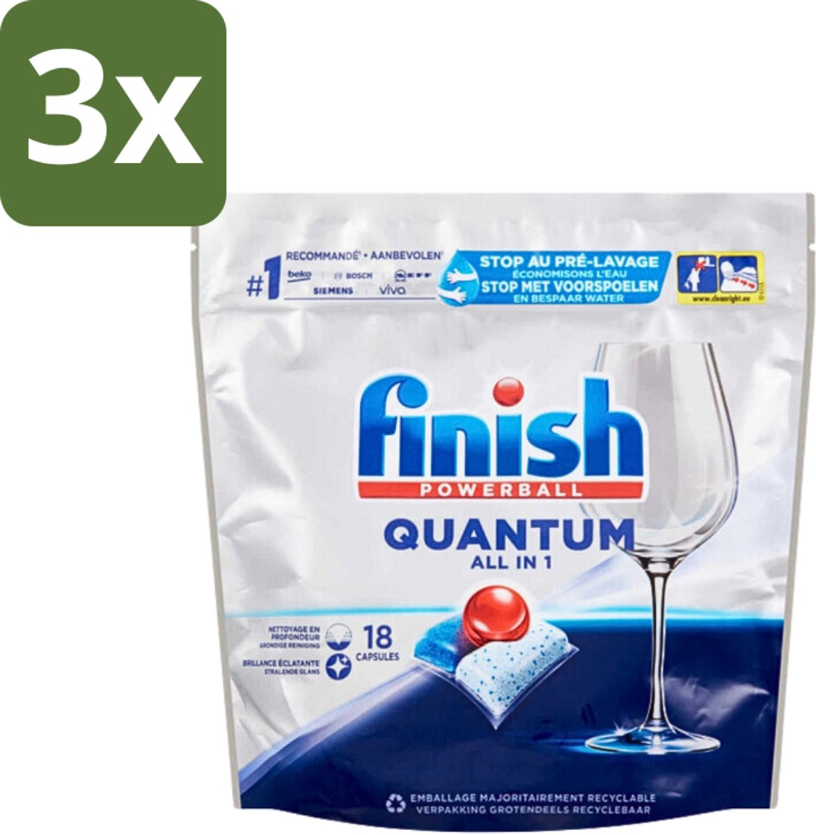 3 x Finish Powerball - Quantum All in 1 - Vaatwastabletten - Stralende Glans - 18 Tabletten - Vaatwasmiddel - Vaatwastablet - Vaatwasmiddel Voor Glaswerk - Vaatwasmiddel Met Glans - Vaatwasmiddel Zonder Voorwas