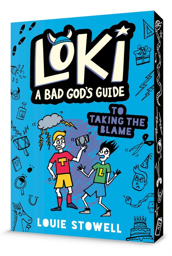 Boek kaft: LOKI A BAD GOD'S GUIDE TO TAKING THE BLAME, met tekeningen van twee jongens, een met een hoornen helm, onder een donderwolk.