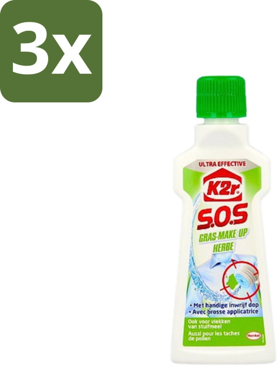 3 x K2R - SOS Vlekverwijderaar - Gras & Make-up - 50ml - Vlekverwijderaar - Grasvlek - Make-upvlek - Textielverwijderaar - Vlekken Verwijderen