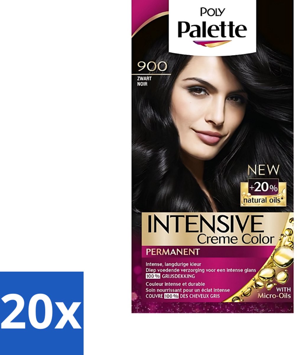 20 x Poly Palette - Haarverf - Zwart 900 - 115ml - Haarverf - Zwart - Arganolie - Haarkleur - Permanente Haarkleur