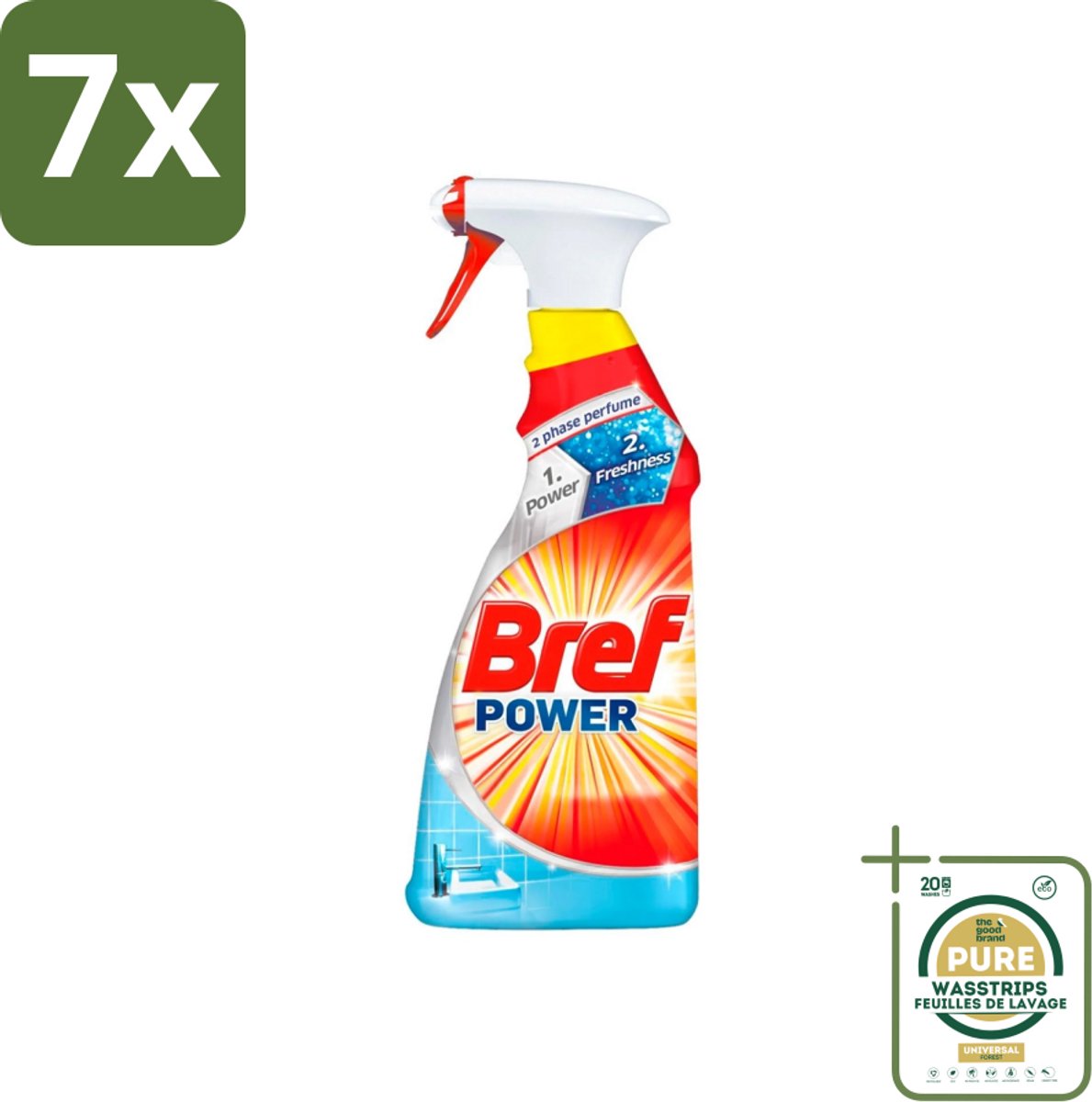 7 x Bref Power - Badkamerreiniger - Spray - Anti-Kalk & Vuil - Fris - 750 ml - Grootverpakking - Kalk Verwijderen - Vuil Verwijderen - Badkamer Schoonmaken - Douchecabine Schoonmaken - Gootsteen Schoonmaken