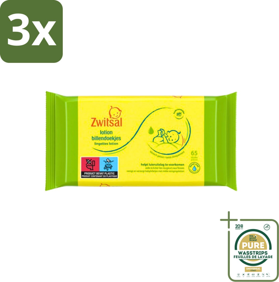 3 x Zwitsal - Babyverzorging - Billendoekjes Lotion - Voor de Gevoelige Babyhuid - 65 Doekjes - Grootverpakking - Babyhuid Verzorging - Luieruitslag Voorkomen - Zwitsal Lotion - Billendoekjes Lotion - Zachte Babyhuid