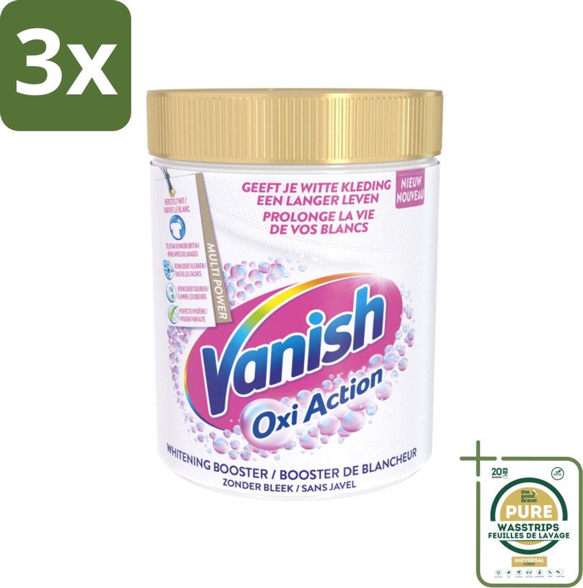 3 x Vanish Oxi Action - Vlekkenverwijderaar - Wasbooster - Zonder Bleek - Witte Was - 1 Kg - Grootverpakking - Vlekkenverwijderaar - Witte Was - Wasbooster - Bleekvrije Was - Geurverwijderaar