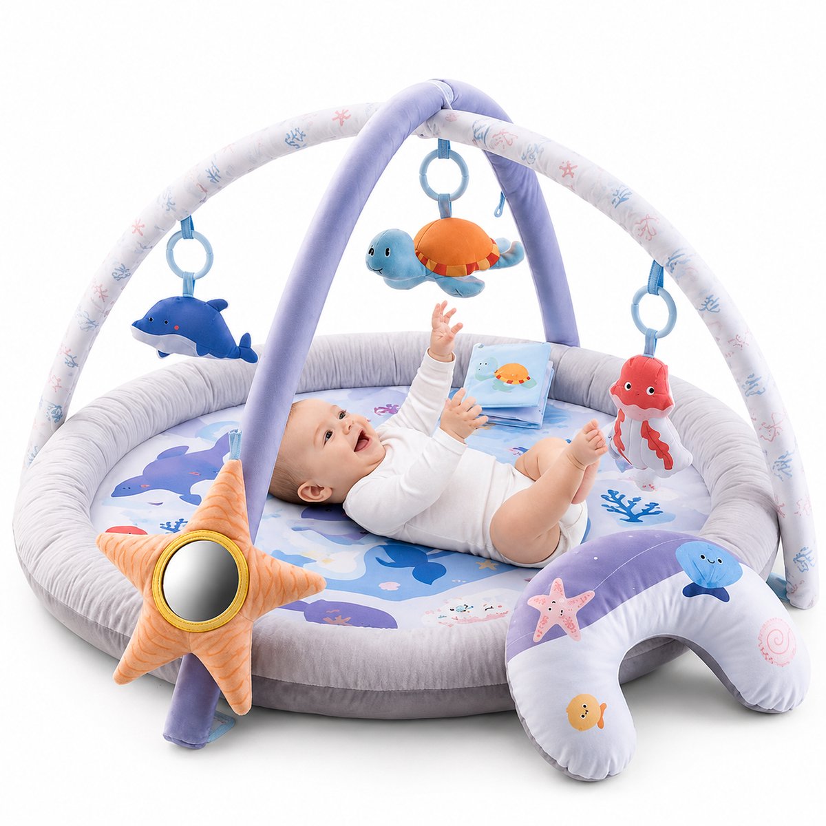 BOTC Babygym met Speelboog – Babyspeelmat 88x88 cm – Zacht Speelkleed met Hangend Speelgoed – Baby Gym 0-18 Maanden – Oceaanthema