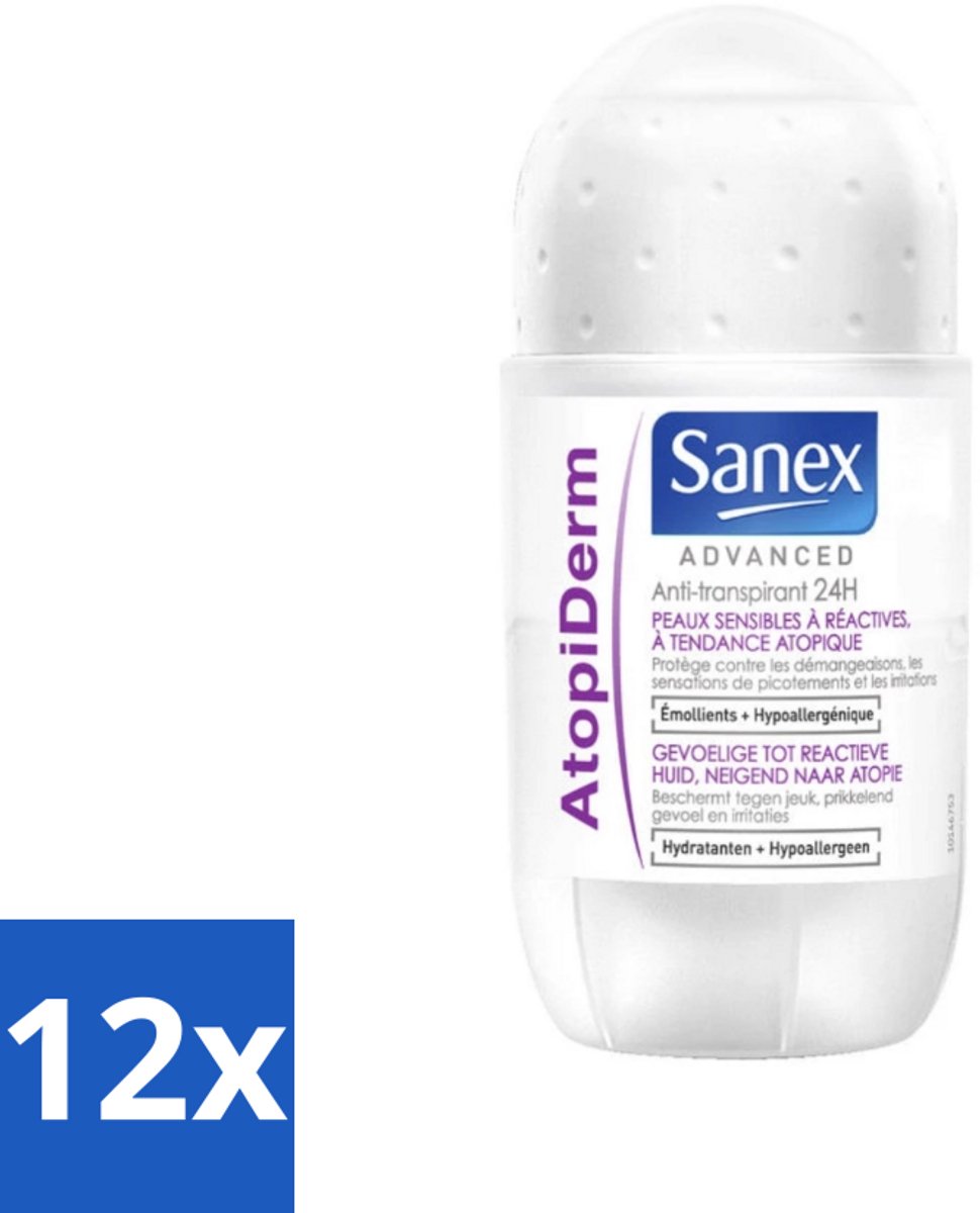12 x Sanex Advanced - Gevoelig - Deodorant Roller - 24h Anti-Transpirant - Geavanceerd Atopiderm - 50 ml - Sanex Deodorant - Deodorant Gevoelige Huid - 24 Uur Bescherming - Atopiderm - Deodorant Roll-on