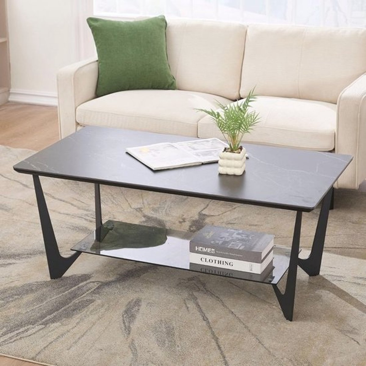 Moderne vierkante salontafel met marmeren look en metalen poten