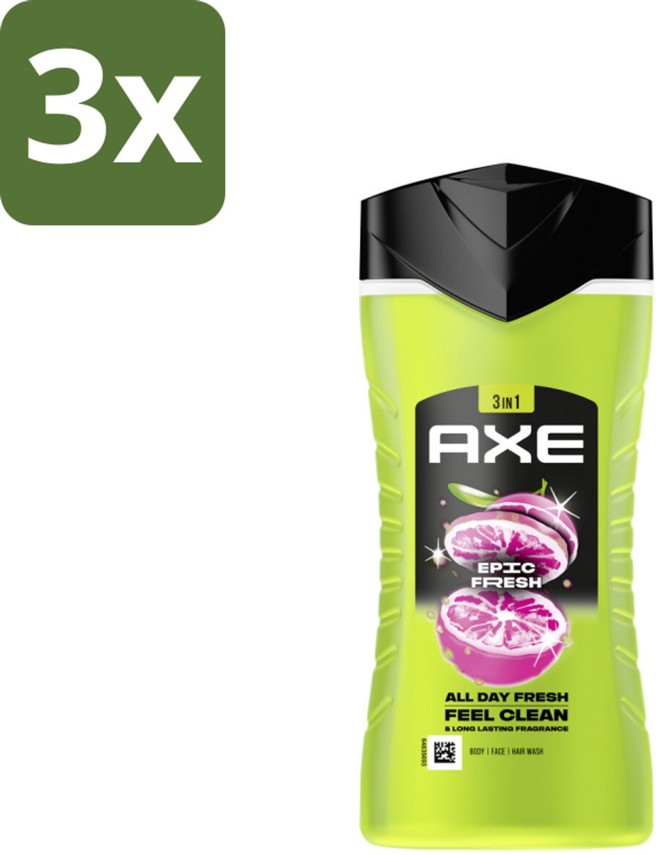 3 x Axe - 3-in-1 Douchegel - Epic Fresh - Grapefruit & Tropical Pineapple - Fresh Boost - 250 ml - Douchegel - Frisheid - Geur - Lichaam - Gezicht