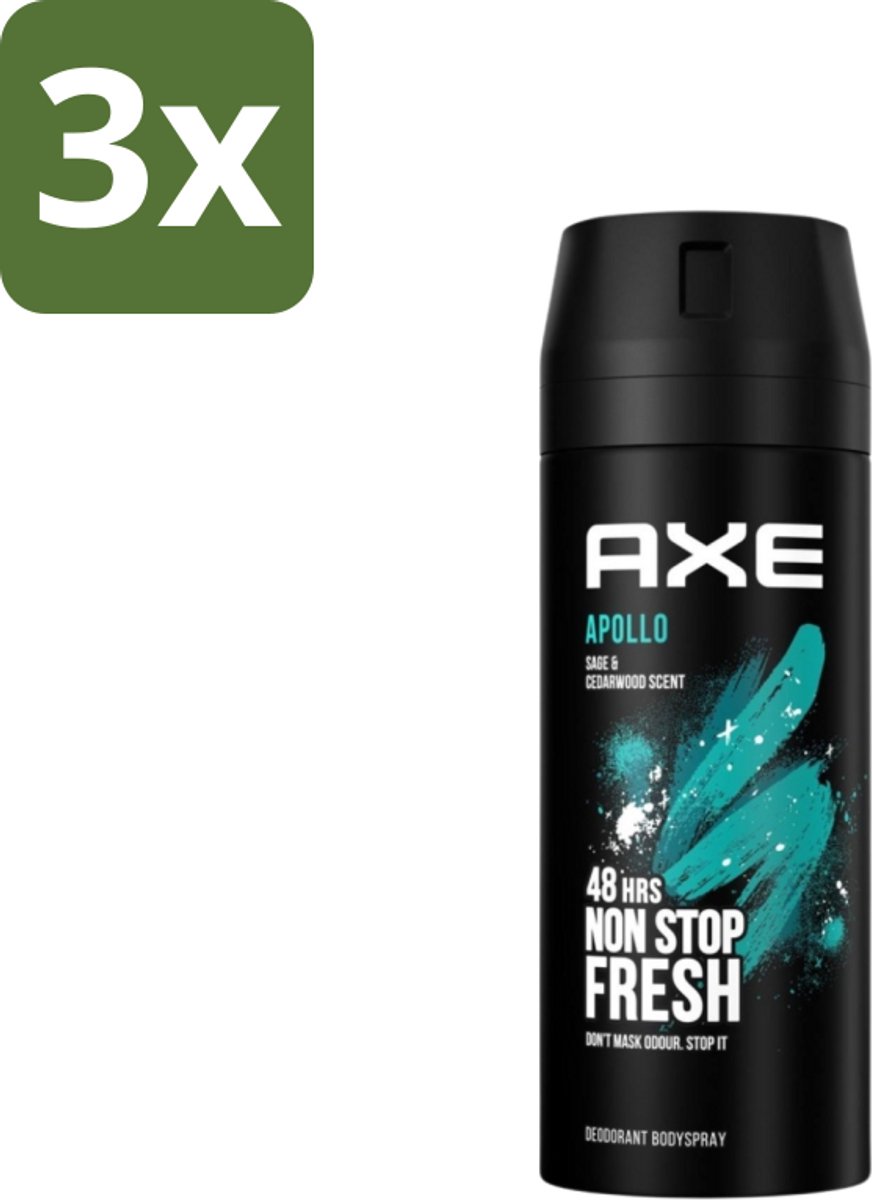 3 x Axe - Deodorant Bodyspray - 48hrs Fresh - Apollo - Sage & Cedarwoord - 150 ml - 48 Uur Bescherming - Deodorant Sprayer - Geur Van Groen Fruit - Sandelhout - Verse Salie