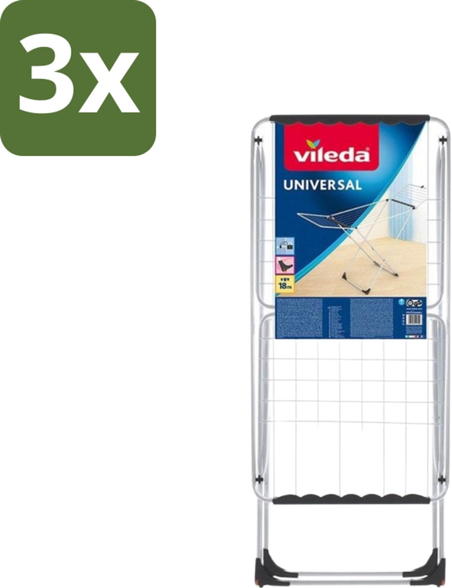 3 x Vileda Universal - Droogrek - X-onderstel - 18 Meter Drooglengte - Droogrek - Wasdrogen - Droogcapaciteit - Inklapbaar - Droogvleugels