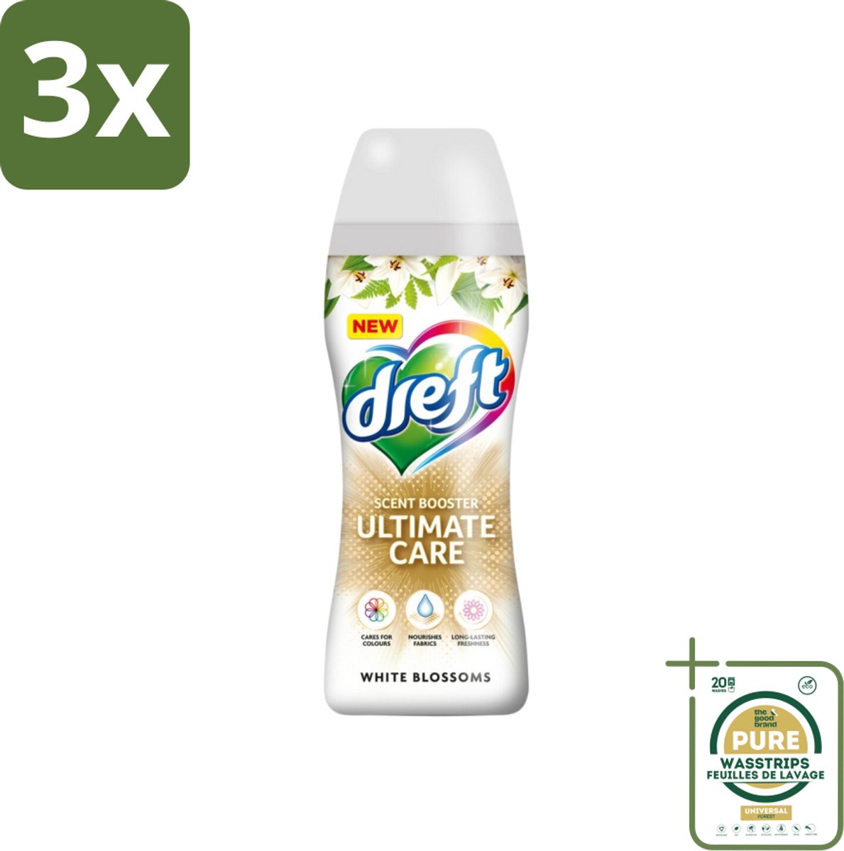 3 x Dreft - Ultimate Care - Wasverzachter - Geurbooster - Gekleurde Was - Witte Bloem - 15 Wasbeurten - Grootverpakking - Wasmiddel - Geurbooster - Kleurbescherming - Wasverzachter - Vezelverzorging