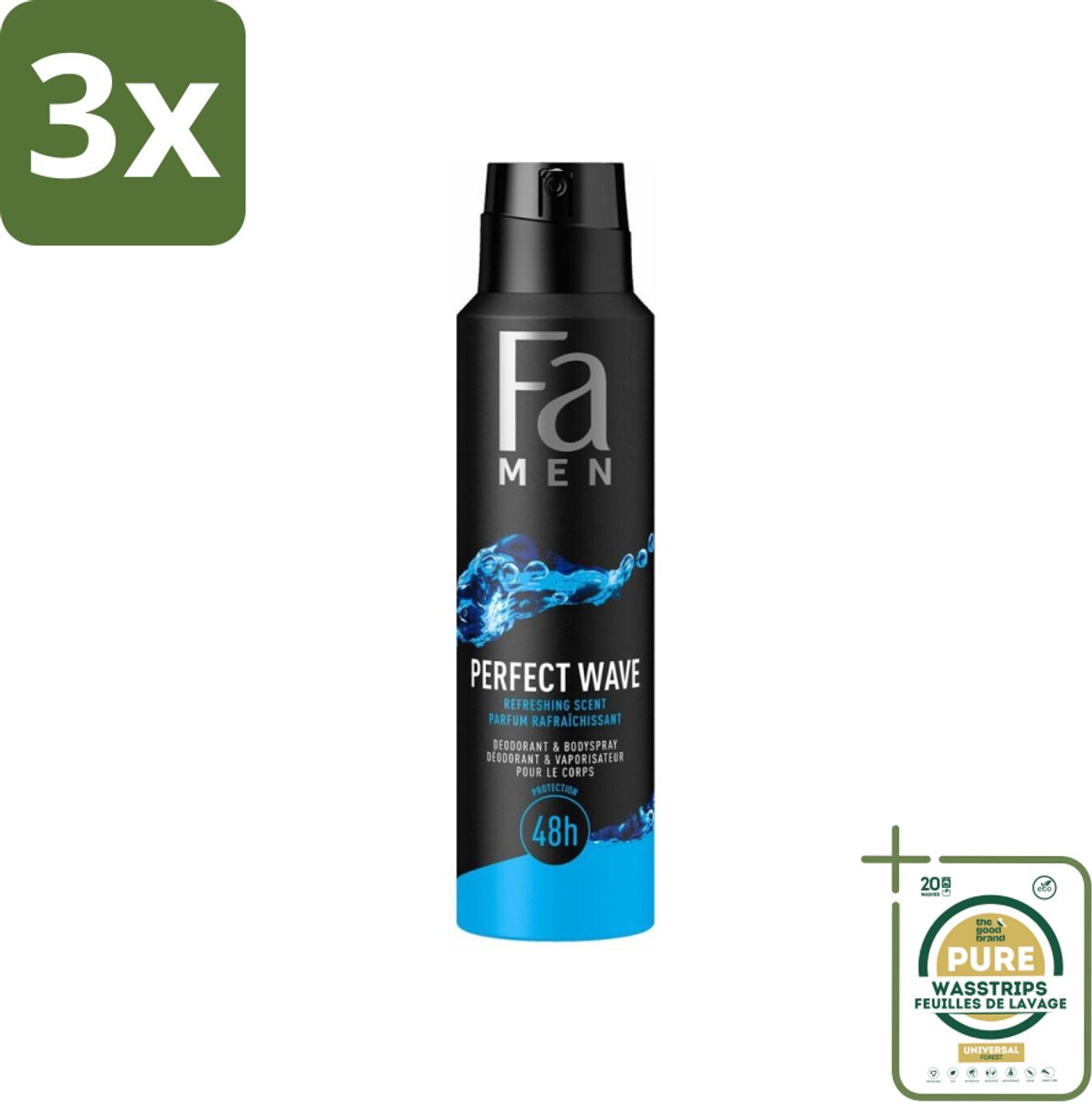 3 x Fa Men - Perfect Wave - Deodorant Spray - Verfrissende Geur - 150 ml - Grootverpakking - Deodorant Spray - Frisse Geur - Aquatisch - Lichaamsgeur - Zweetblokkerend