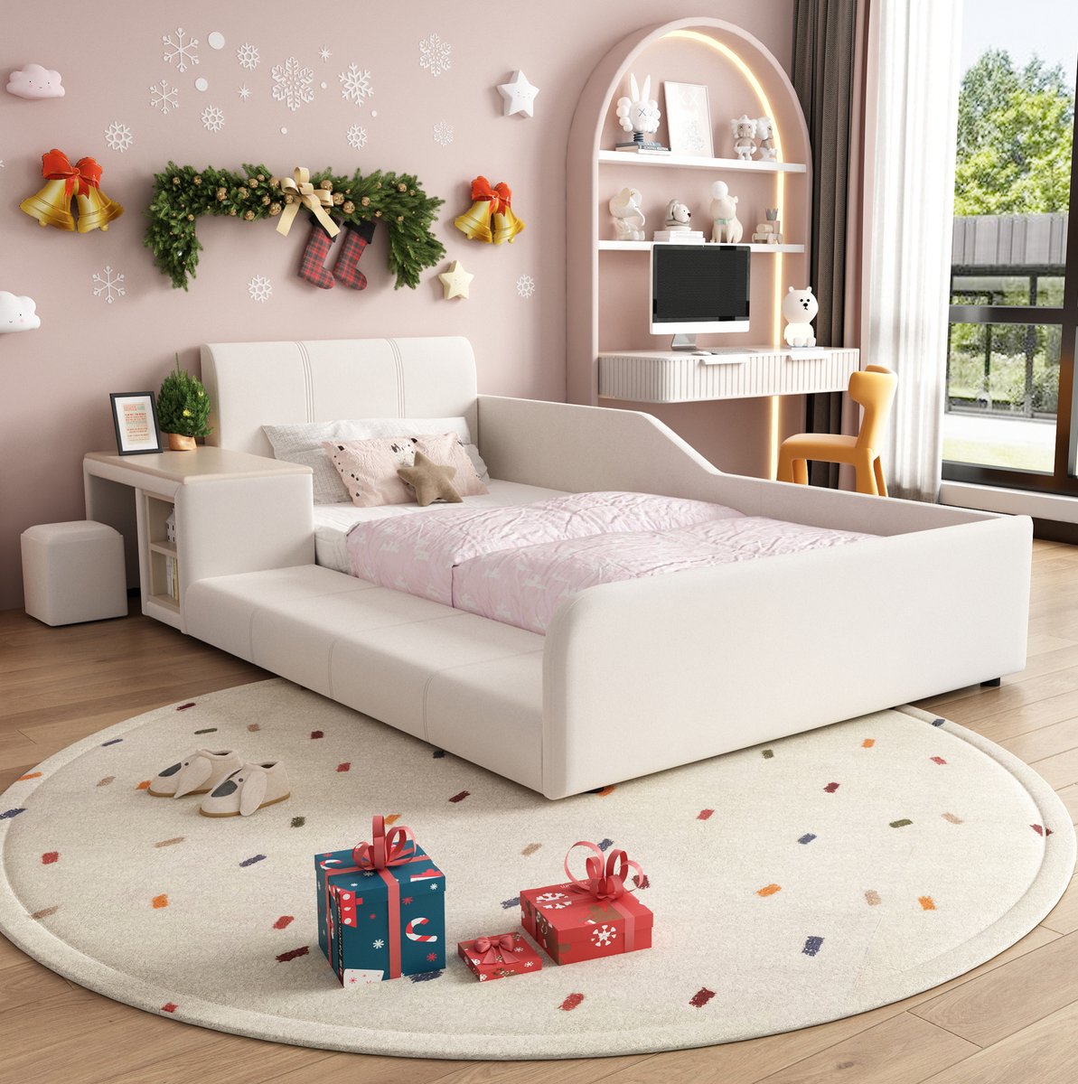 Wishdor Kinderbed 90x200 cm - Met bureau en hocker - Met opbergruimte en lattenbodem - Wit - Stof - 212 x 125 x 69 cm