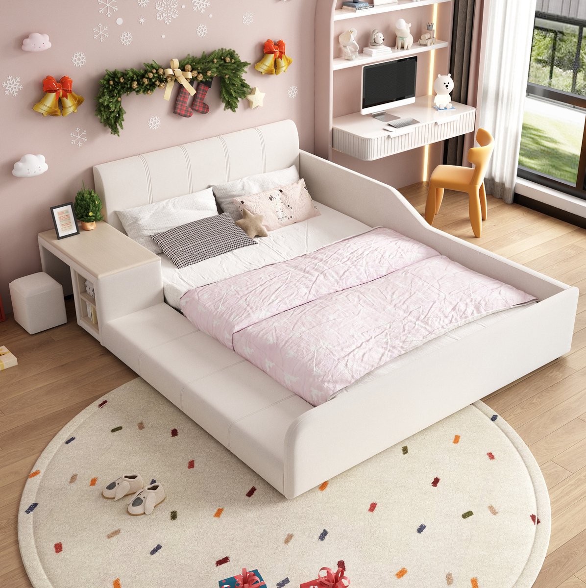 Wishdor Kinderbed 140x200 cm - Met bureau en hocker - Met opbergbord en lattenbodem - Zacht gestoffeerd - Kinderkamer leren spelen opbergen slapen - Wit