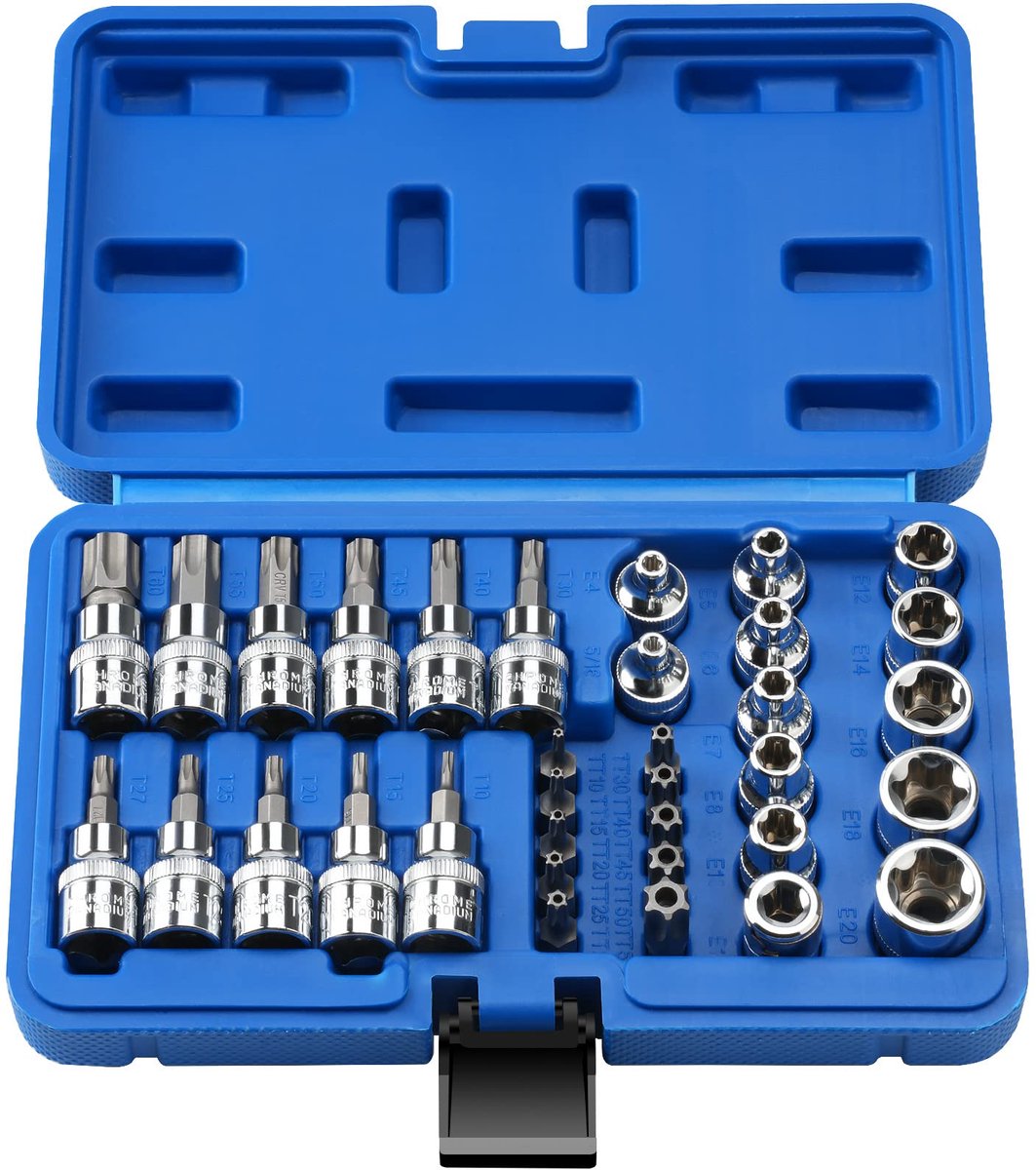 Elzusha- Torx-bitset 34-delig - Steeksleutelset E-Torx - Schroefbits T10-T60 - 3/8 inch opname - Ideaal voor autoreparaties - Praktisch gereedschap - Dopsleutelset