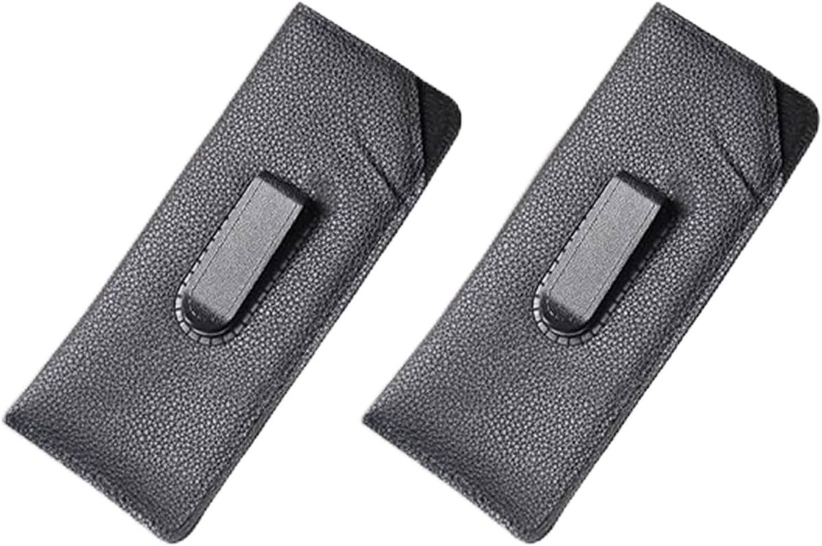 Set van 2 brillenkokers met clip, zachte zwarte leren hoes met flexibele plastic insteekvak en riemclip voor brillen en zonnebrillen, oogbescherming voor heren en dames