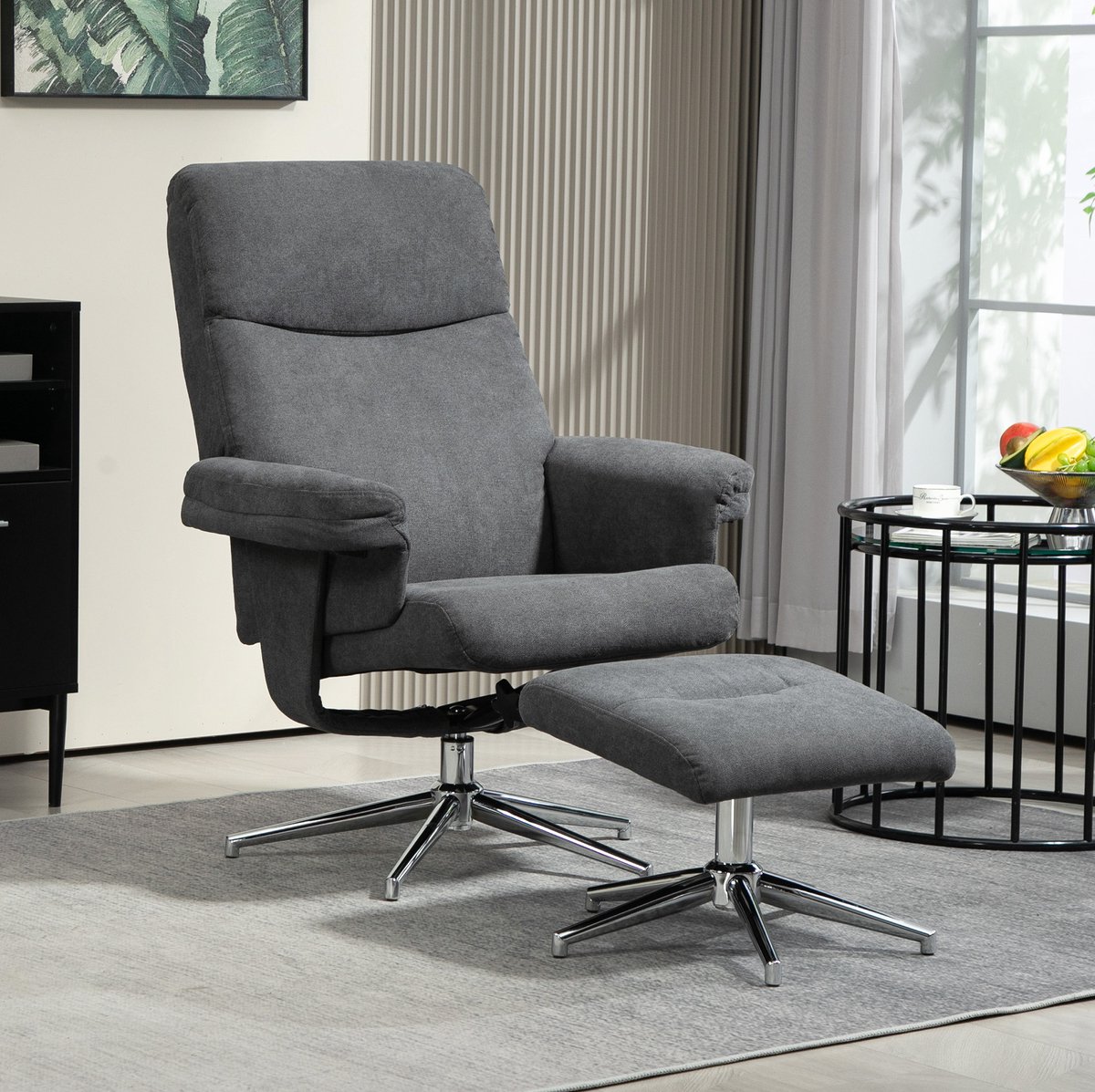 REDOM - Relaxfauteuil - Handmatig verstelbare rugleuning tot 130° - Met hocker en armleuningen - Hoog model - Woonkamer of slaapkamer - Polyester - Donkergrijs - 85 x 78 x 106 cm