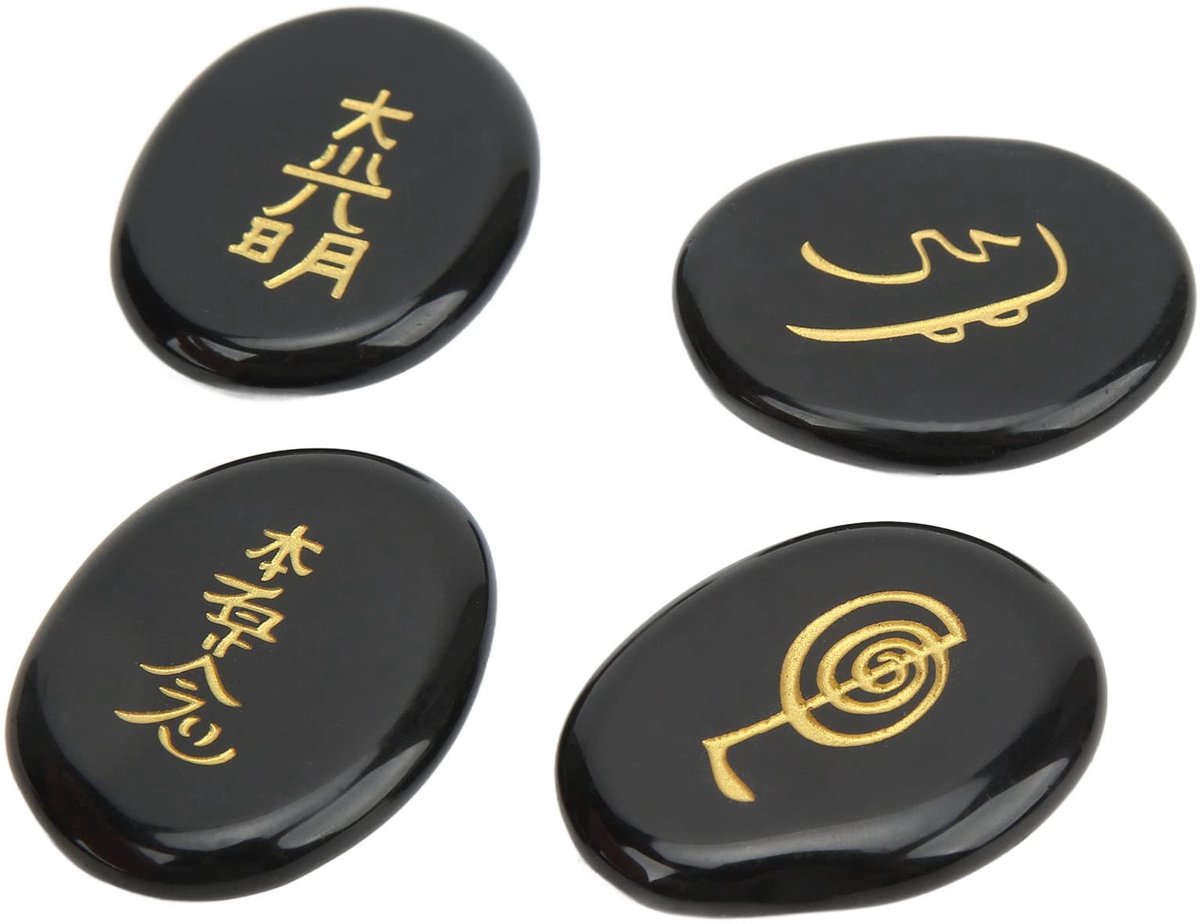Elzusha- Chakra Stenen Set - 4 Stuks - Reiki Symbolen - Healing Kristal - Meditatie Ornament - Energie Genezing - Opbergzak - Healing Stones