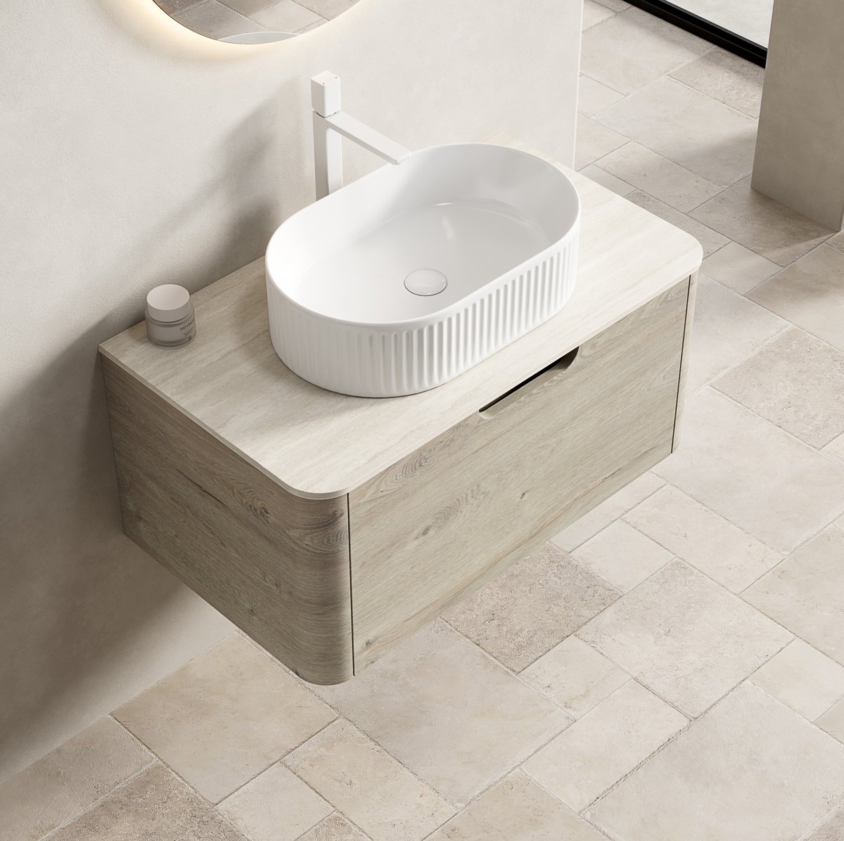 STILVORA Badkamermeubel - Hangend Wastafelmeubel Met Ovale Waskom En Lade - Voor Moderne Badkamer - Hout En Keramiek - 80x46x50,2 Cm - Beige Wit