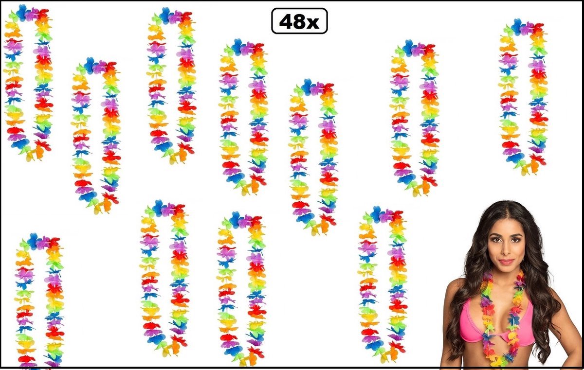 48 stuks Hawai bloemen krans regenboog - Rainbow hawai krans hawaii slinger tropical thema feest festival