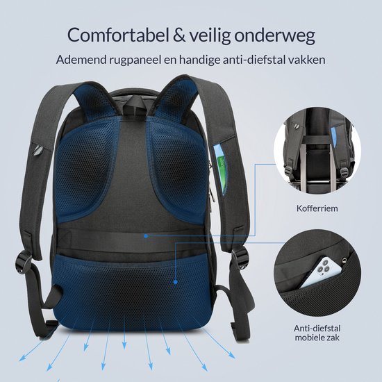 Zwarte rugzak met ademend rugpaneel, anti-diefstal vak voor mobiel en een kofferklem. De rugzak is spatwaterdicht.