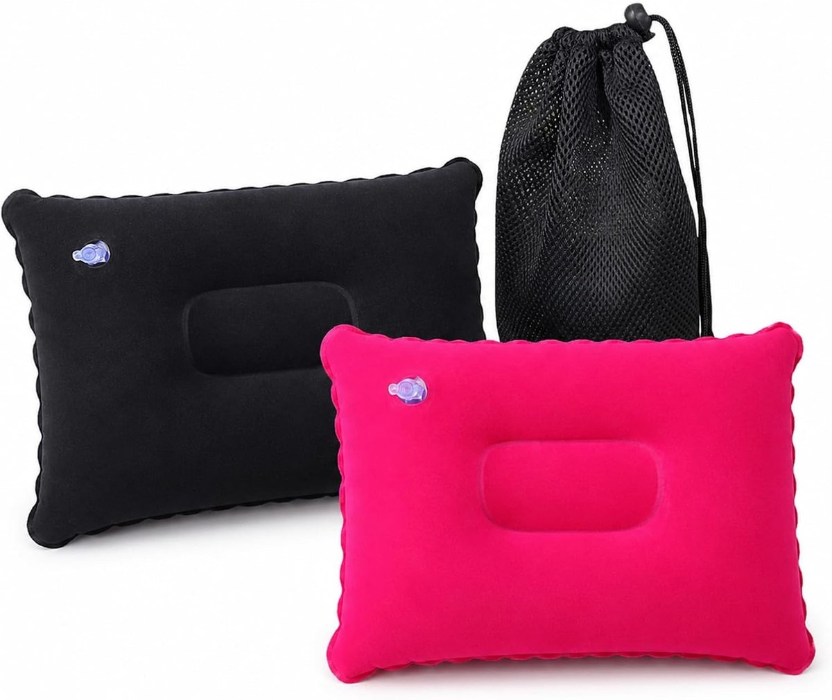 Opblaasbaar Kussen - Zwart en Rozenrood - 43 x 27 cm - Lichtgewicht Reiskussen met Opbergtas - Voor Reizen en Outdoor