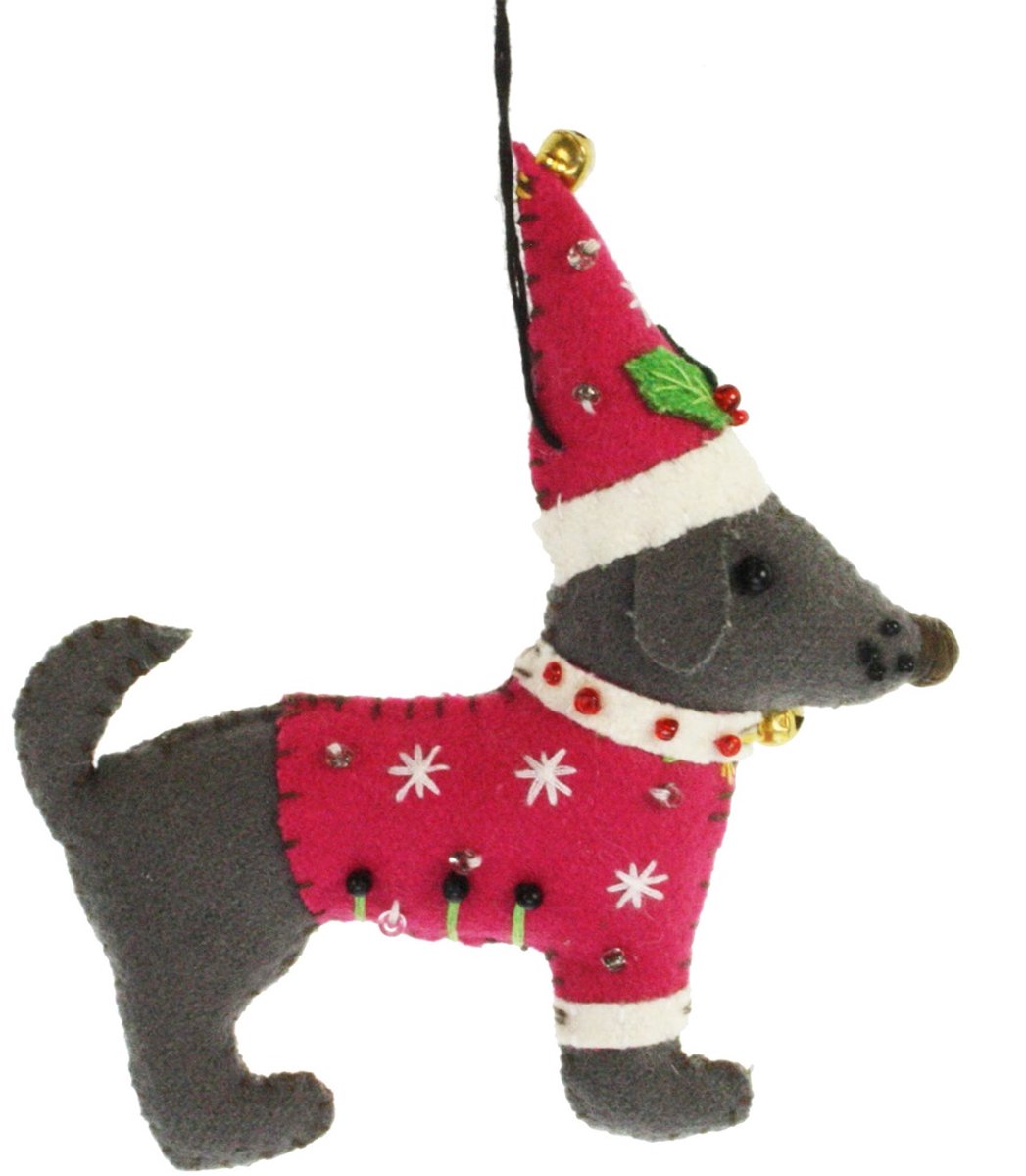 Hond met kerstmuts hulst/ roze, vilt 11x2x12cm