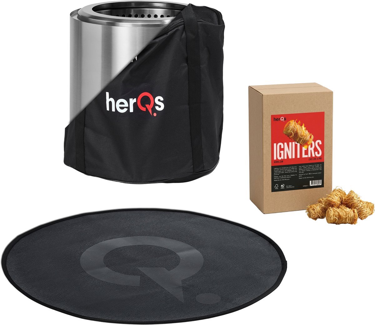 herQs Cozy Start Bundle - Cozy Firepit met 2 accessoires voordeelbundel - Rookloze vuurkorf - Geurloze vuurkorf