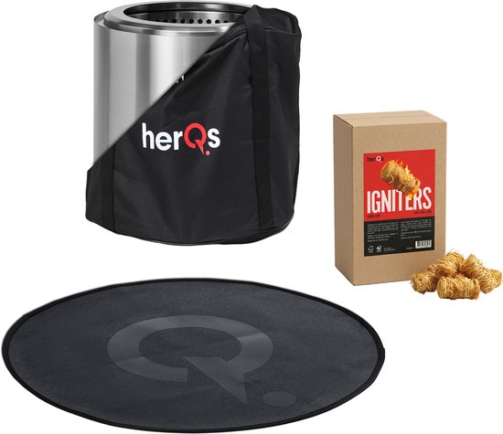 HerQs vuurkorf in draagtas, ronde zwarte onderlegger met logo en doos met aanmaakblokjes.
