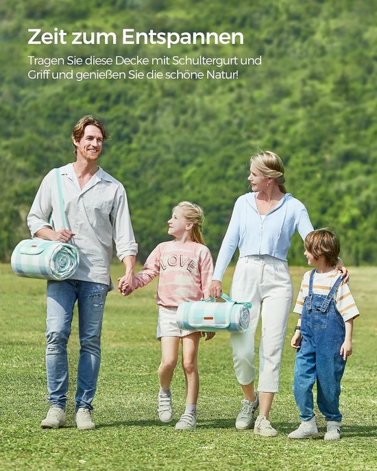 Picknickdeken, 200 x 200 cm, met 4 grondankers, groot, campingdeken, voor park, tuin, strand, waterdicht, opvouwbaar, groen-wit — afbeelding 5
